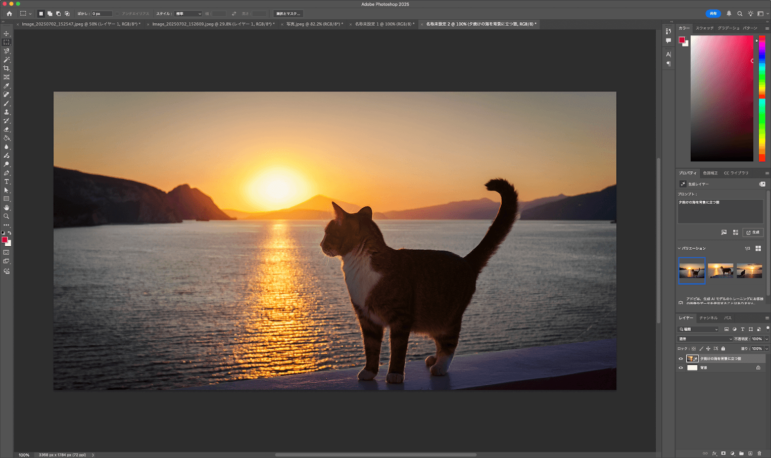 Photoshop内で夕焼けの海を背景に立つ猫の画像を表示